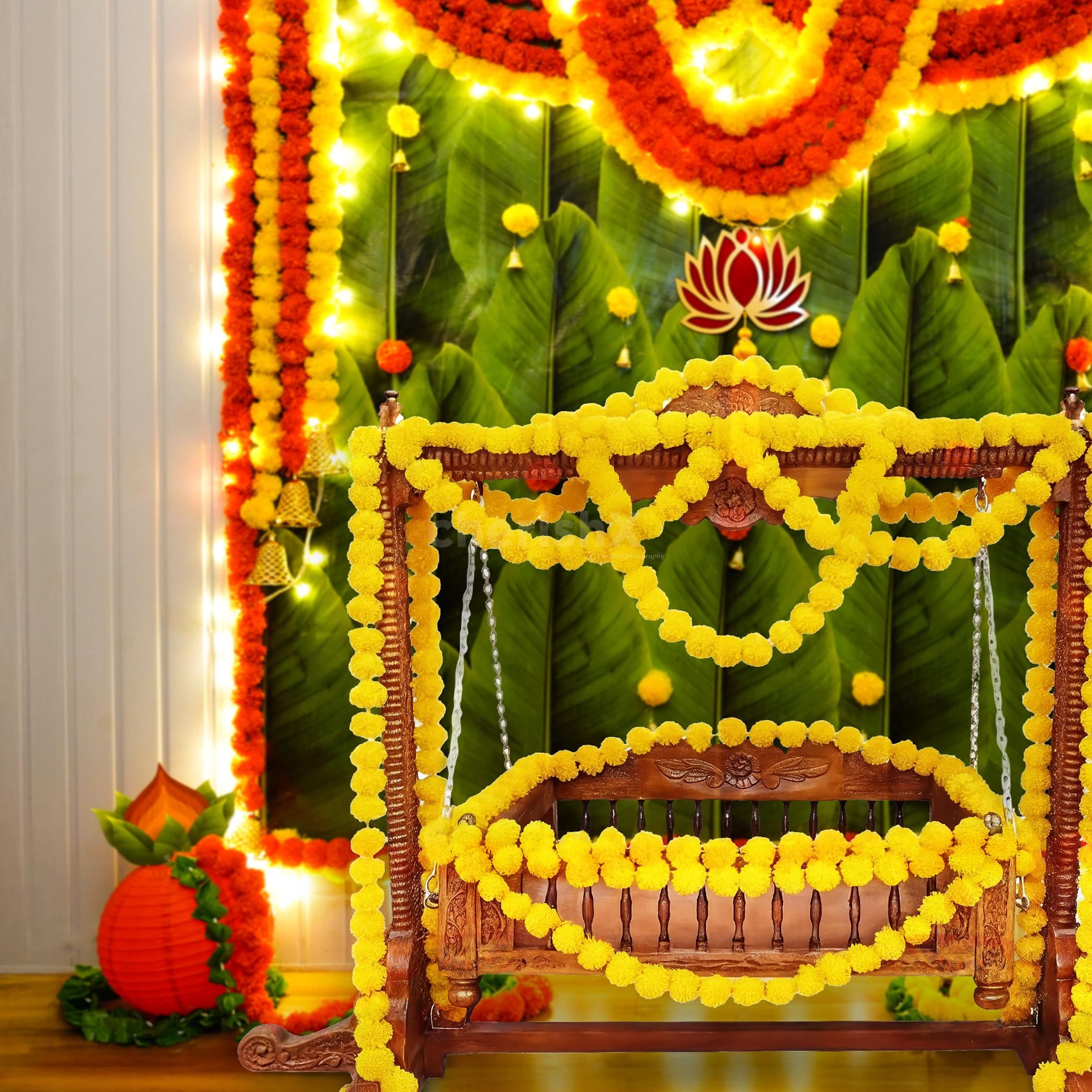 Diyas, coconut cutouts with mud pot highlights the occasions auspiciousness