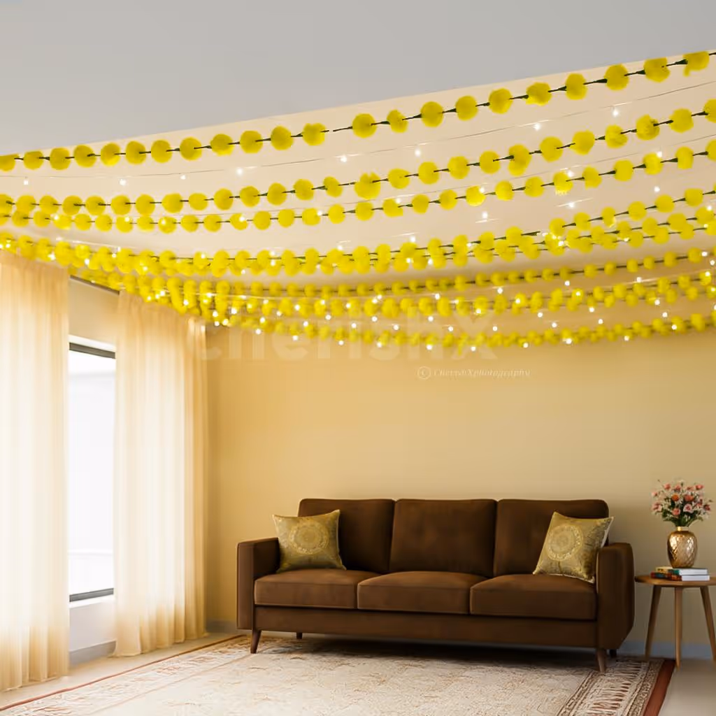 The ceiling shines bright with garlands and twinkling pixel lights for events.