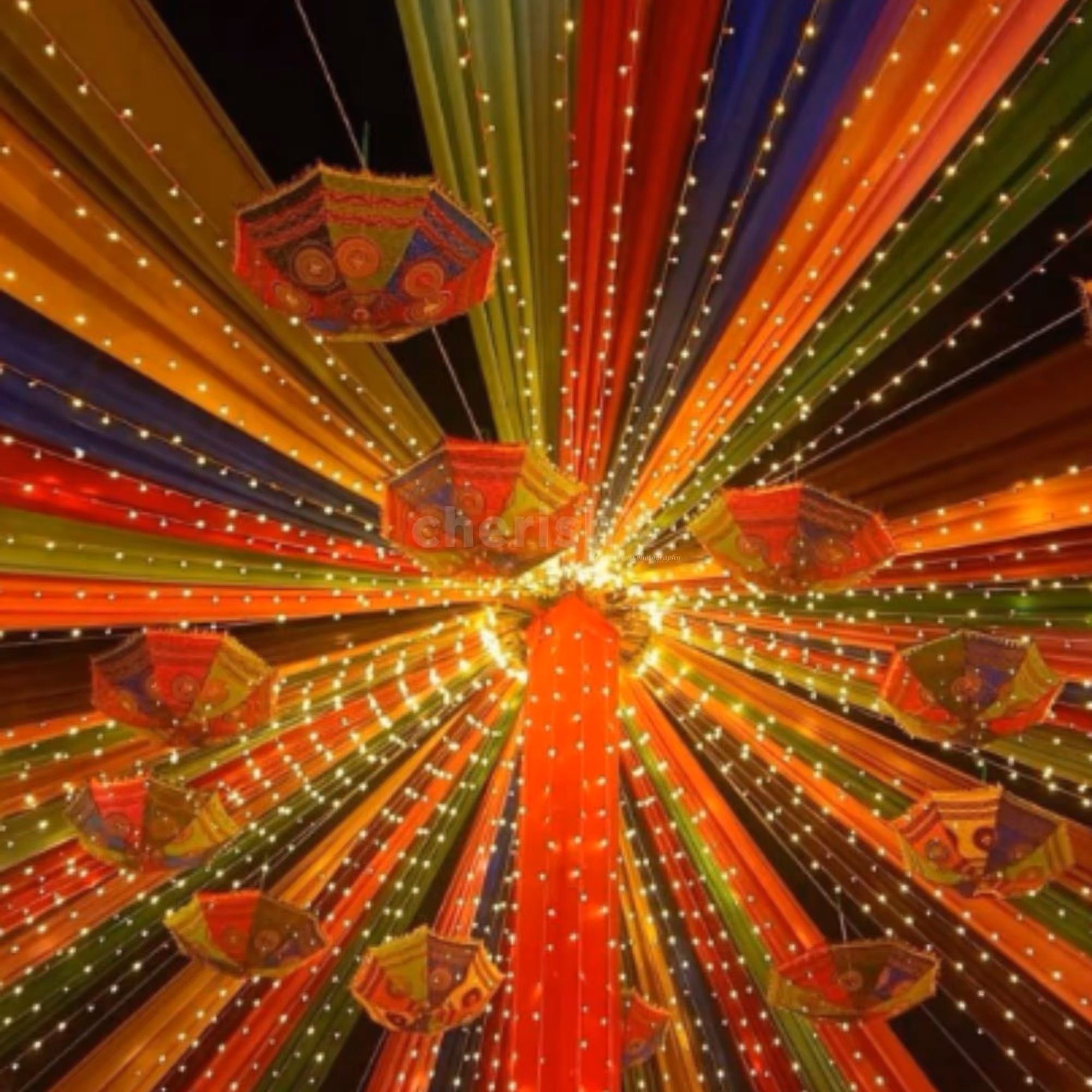 Draped fabric adds rich color and festive flair indoors.