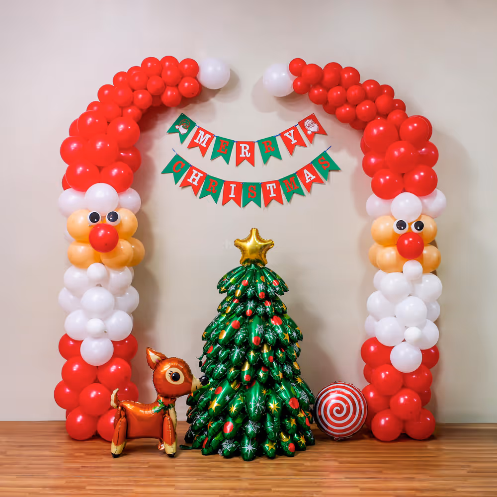 Santa pillar with multiple latex balloons and paper eyes turns wall decor eye-catching