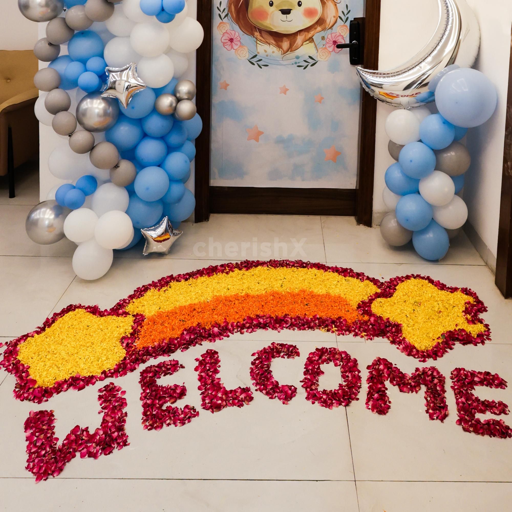 "Welcome Home Little One" personalized banner for your new baby's arrival.