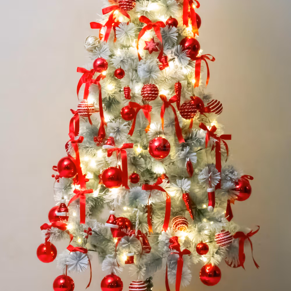 Handmade red bows emit the festival spirit hanging from the tree branches
