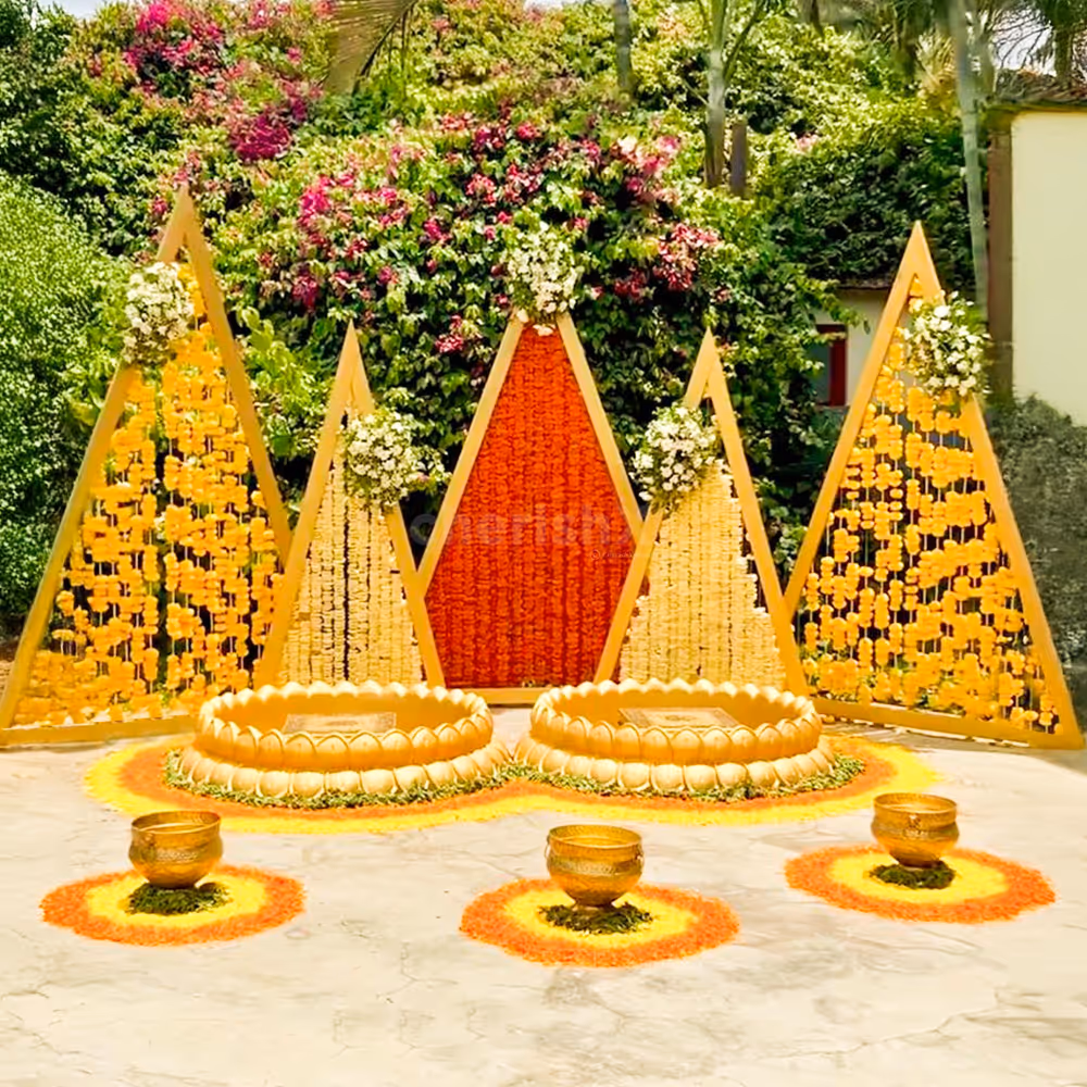 Stunning triangle architecture graced with bright golden flowers.