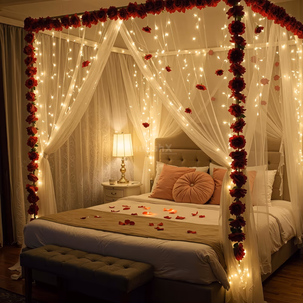 White fairy lights and net fabric transform the room into a cloud-like haven for the first night experience