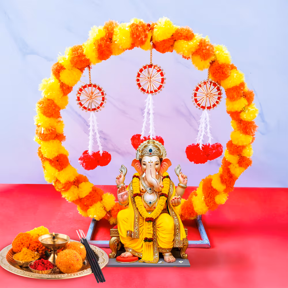 Orange and Yellow garlands on the ring add playful energy to the prayer