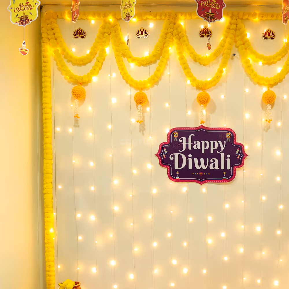Artificial yellow garlands adds brightness to the reception area wall creatively