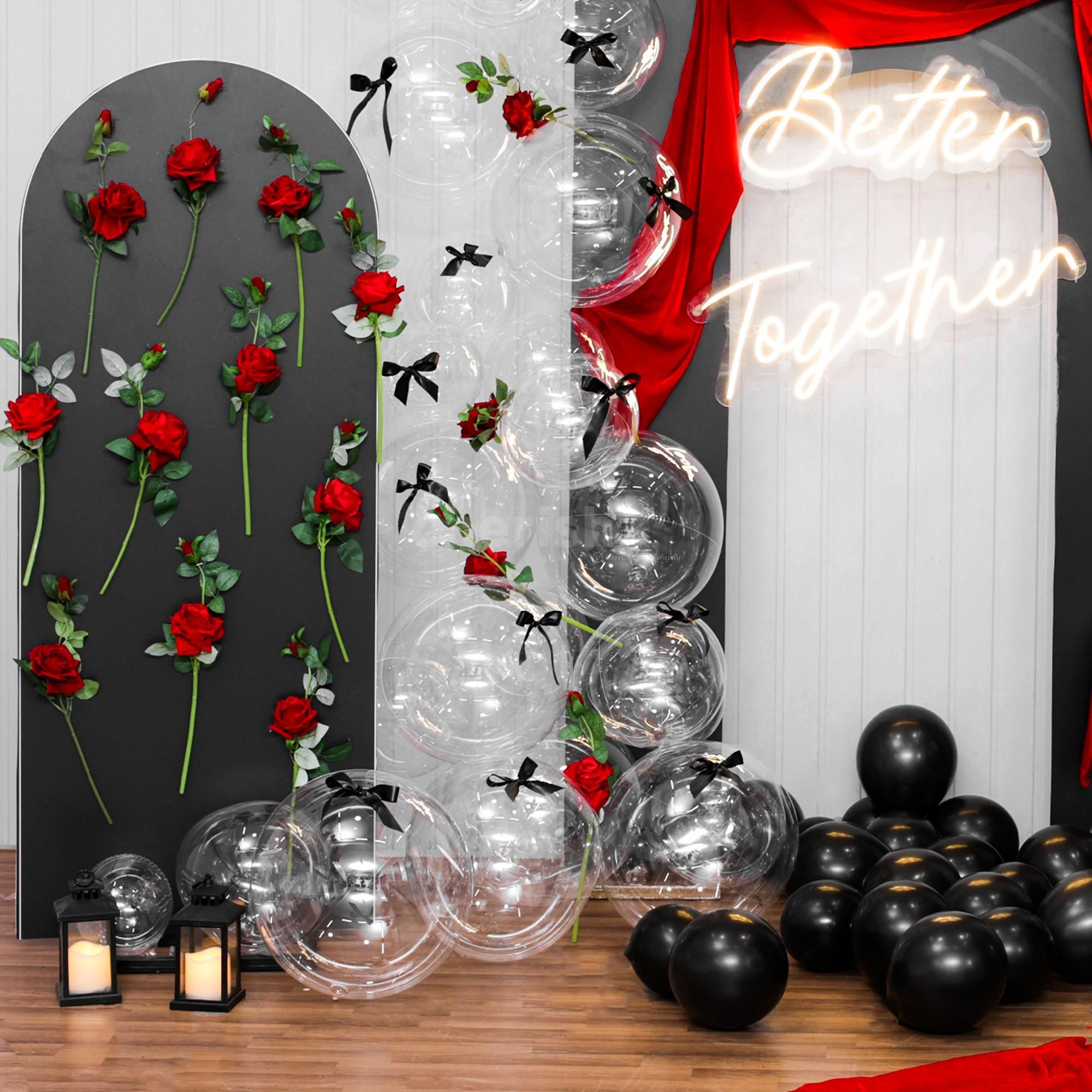 Floating balloons and warm lighting add an enchanted touch