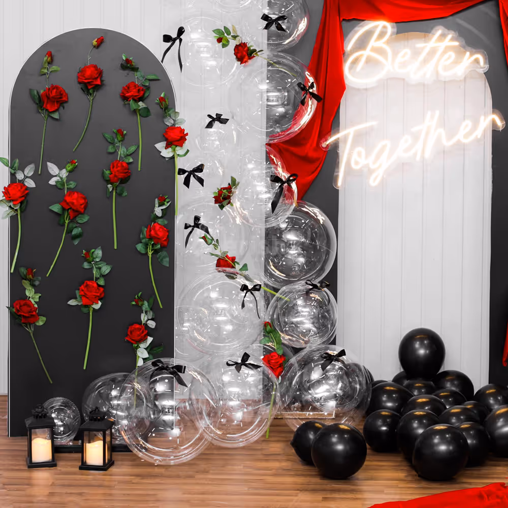 Floating balloons and warm lighting add an enchanted touch