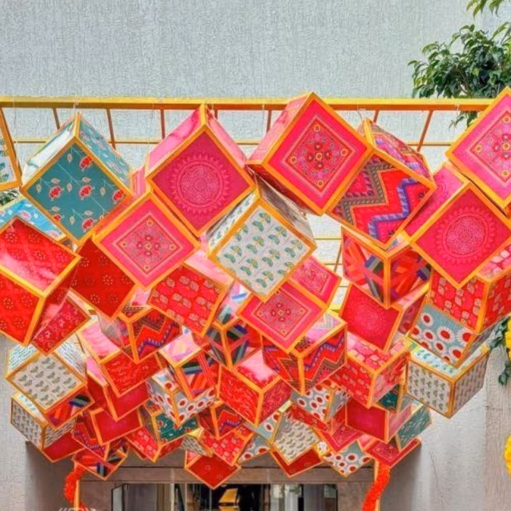 Hanging decor brightens the space with colorful celebration charm.