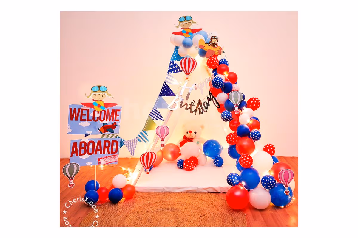 Book a Aeroplane Theme Canopy Decoration for your kid's birthday.