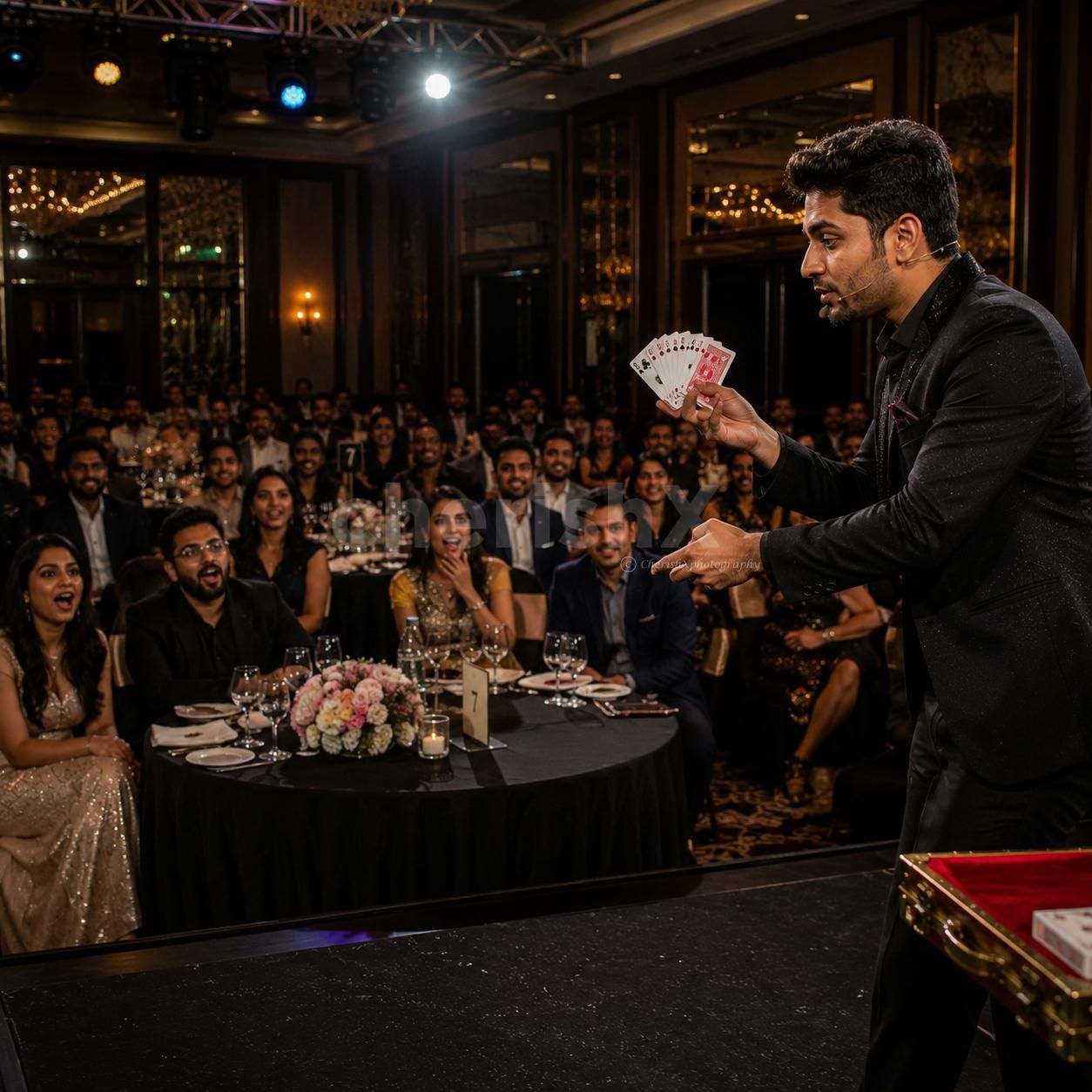 The Illusion-creating artist performs for 30 minutes to engage adult audiences completely