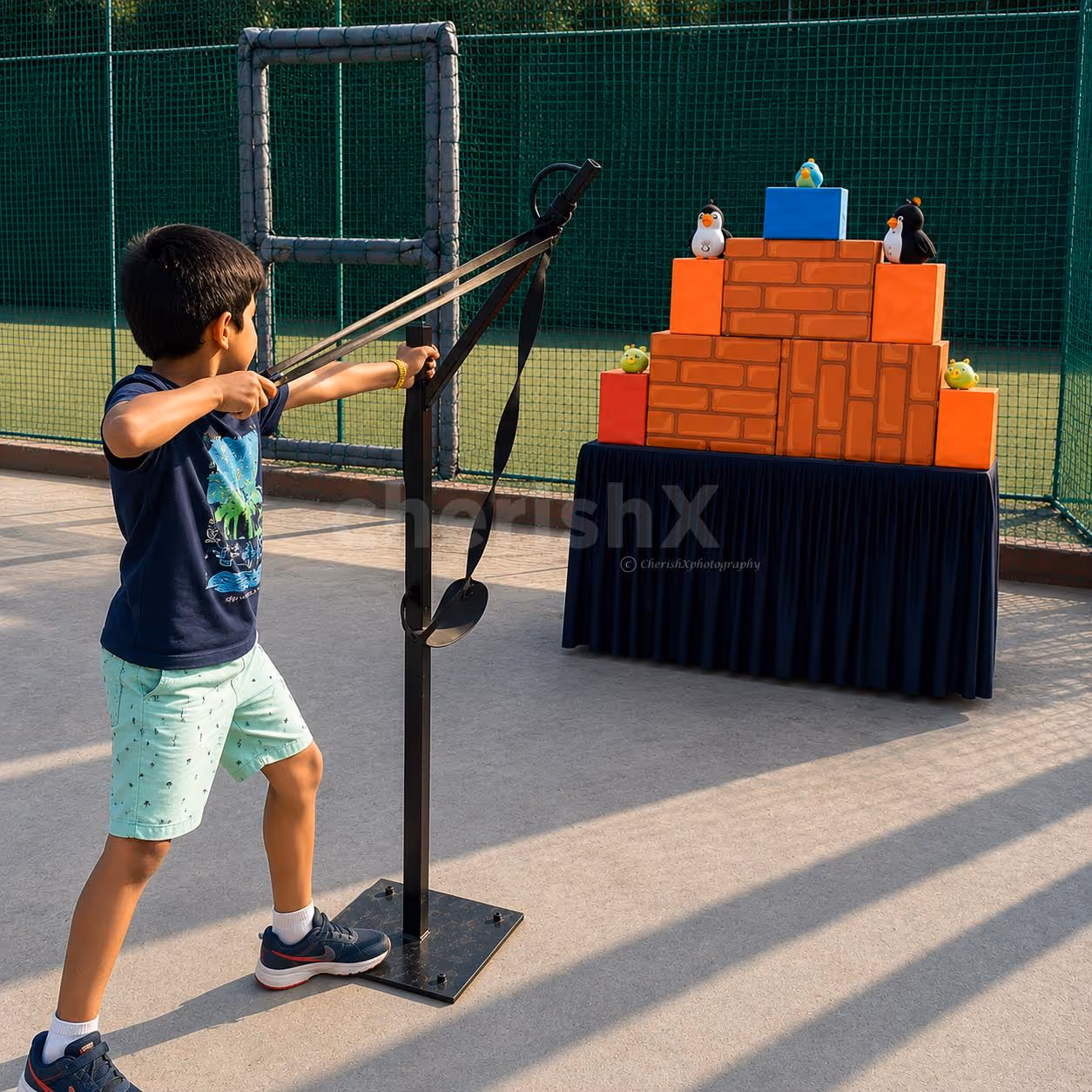 Professional Angry Birds slingshot game setup with launcher and block target display for birthday parties, school events, and corporate family days.