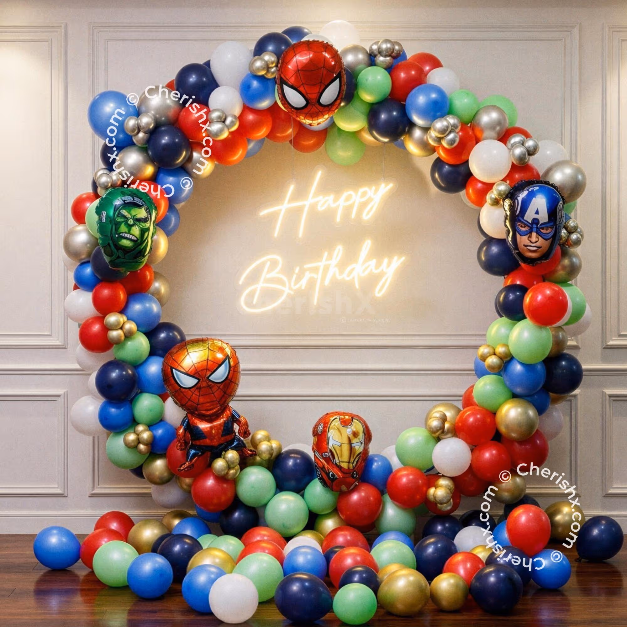 The Sturdy Ring Stand For B’day Decor Is Covered With Latex And Foil Avenger Face Balloons.