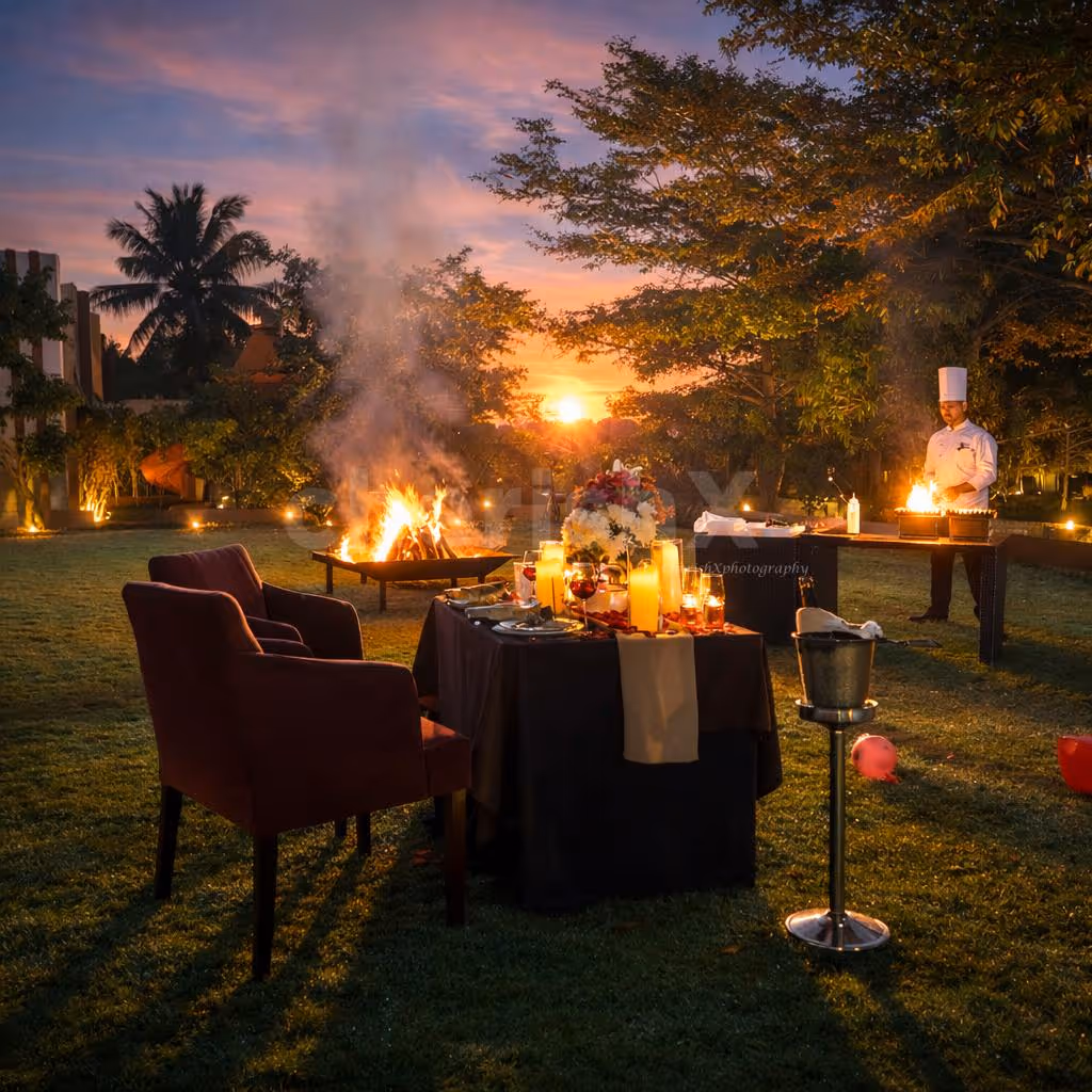 A Beautifully Set Dinner Table With A Barbecue Setup Has Premium Decoration With Rose Petals.