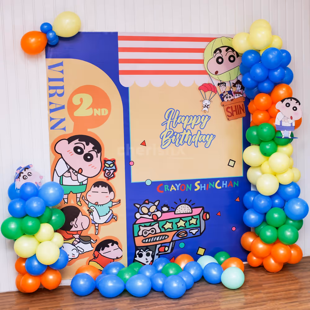 A colorful and cheerful Shinchan backdrop for a fun birthday.