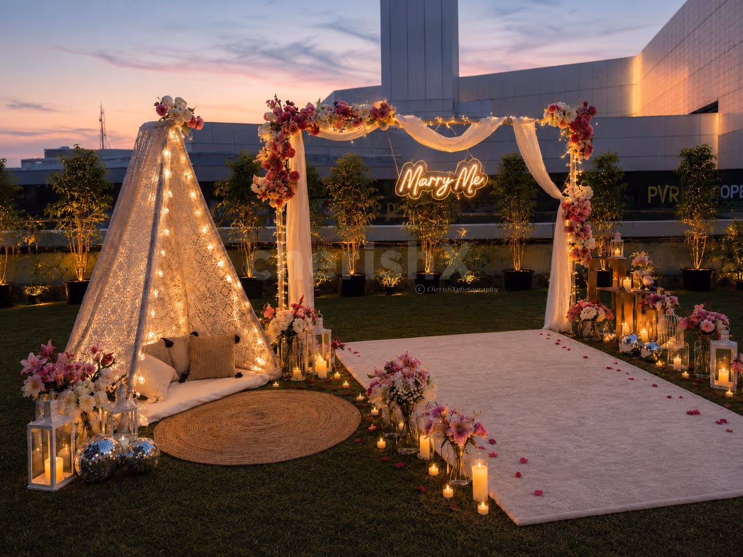 boho themed proposal setup under the stars in gurugram