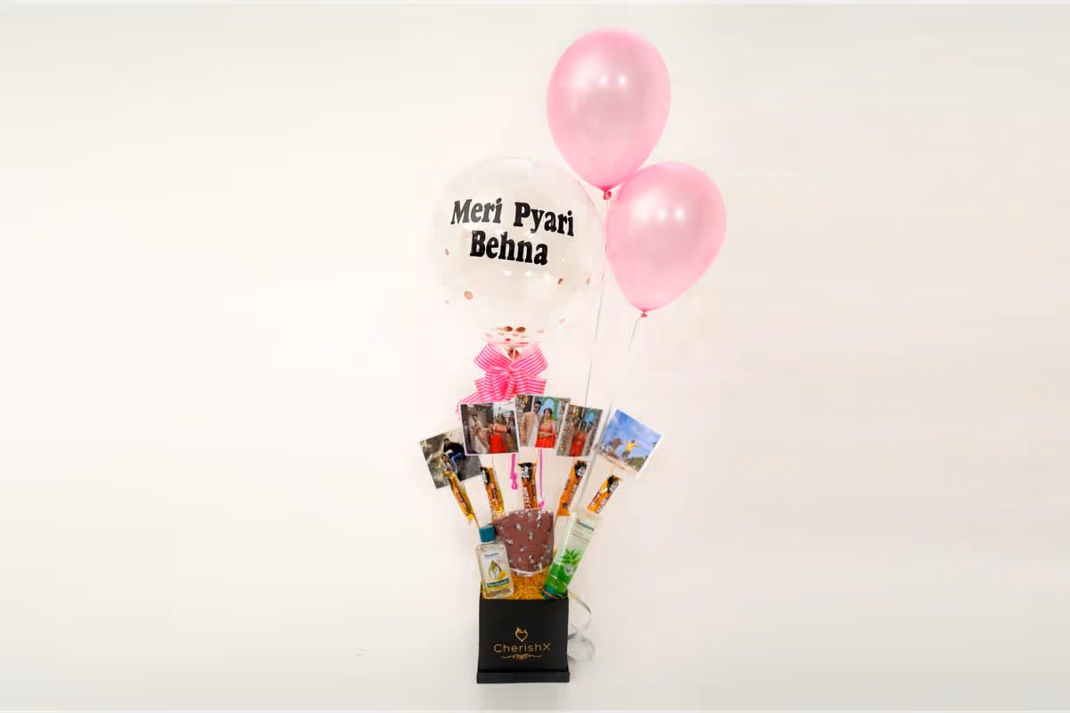 Order online and send
this beautiful bucket consisting of face wash, lip balm, a cotton mask, chocolates and
a sweet message "Meri Pyari Behen"
