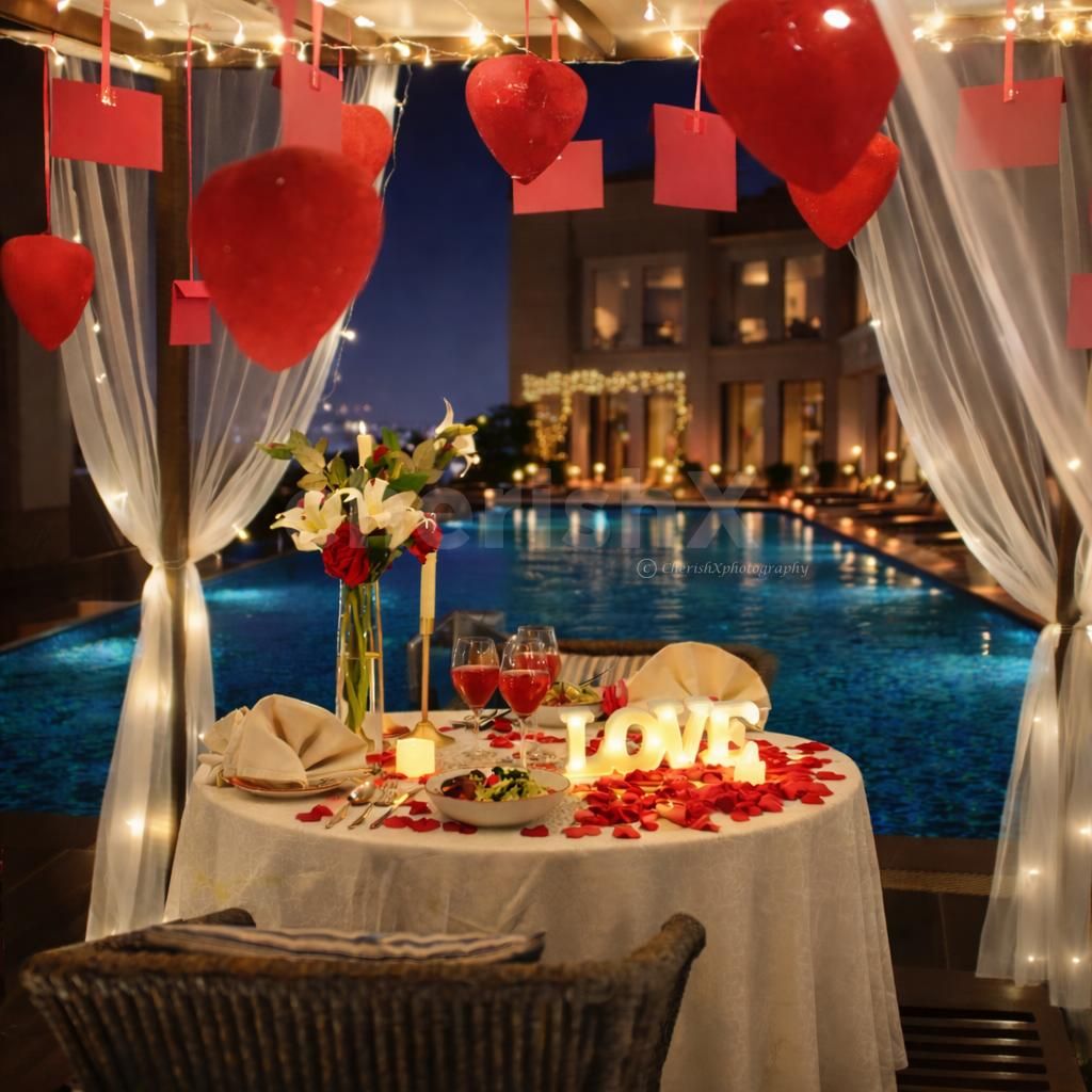 Rooftop poolside table decorated with candles and flowers