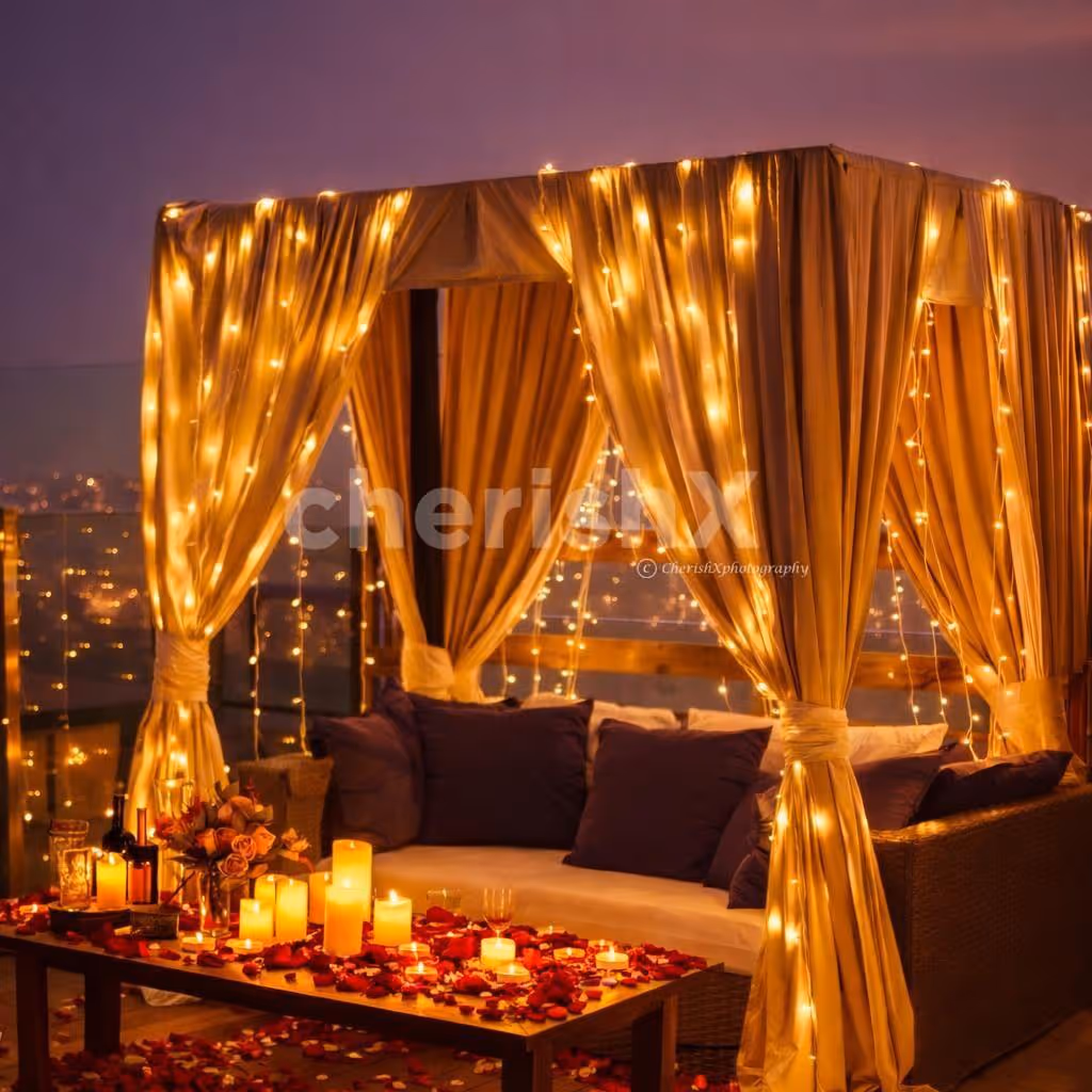 A private cabana adorned with stunning floral and balloon décor, illuminated with ambient lights