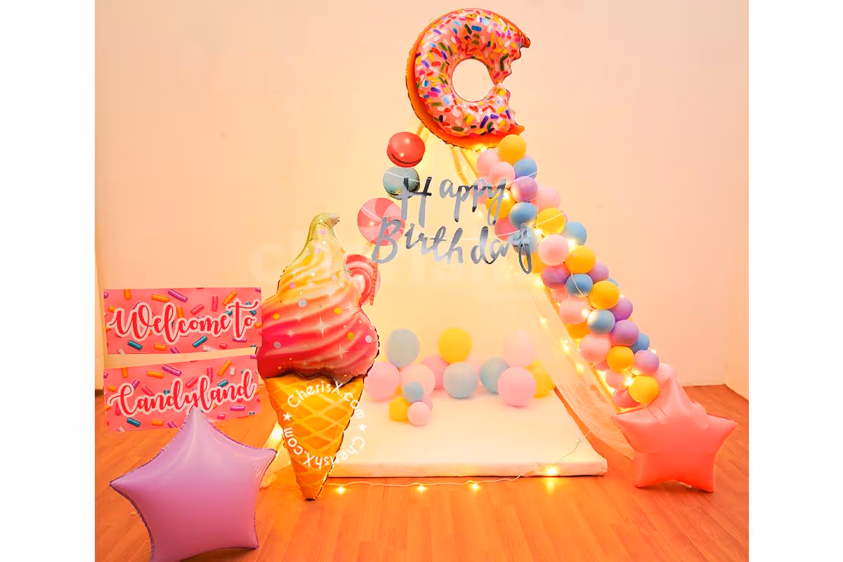 Book a Candy Theme Canopy Decoration for your kid's birthday.