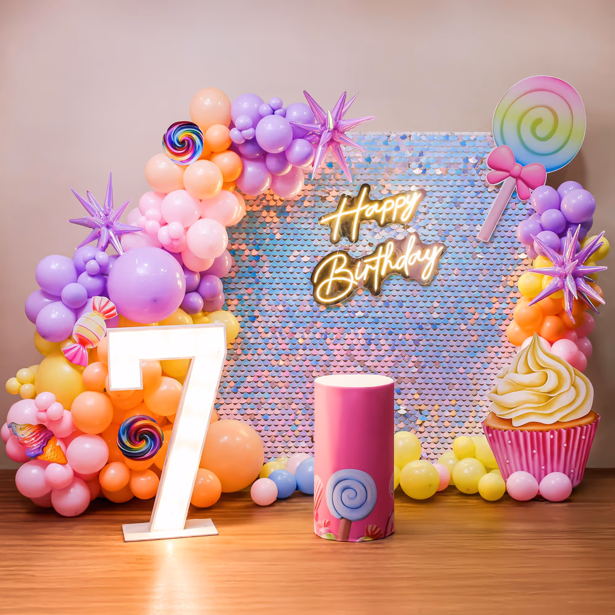 Age digit and "Happy Birthday" neon light brightly illuminate the joyful wishes