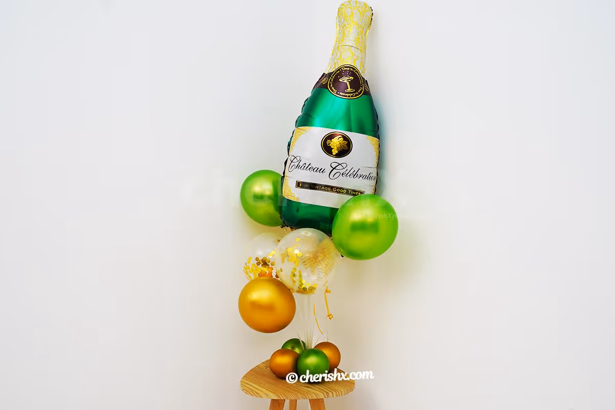 Green and Golden Confetti balloons put together with Champagne bottle balloon to give you the whole bunch.