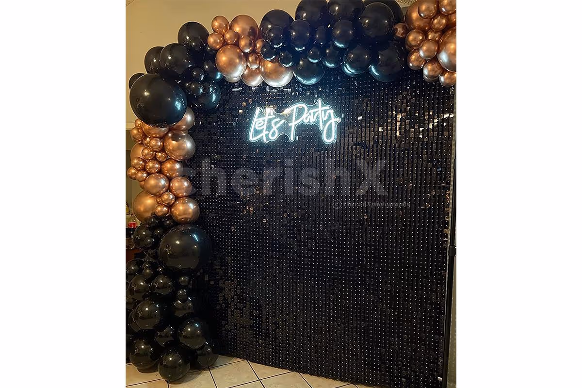Celebrate Birthday or Anniversary with a Classy Golden and Black themed Sequin Decor!