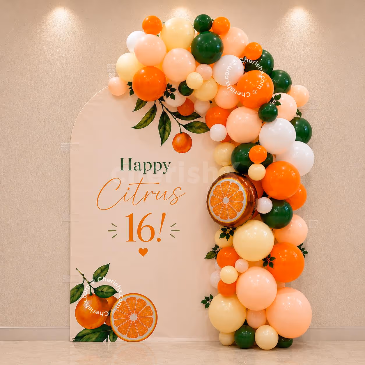 This eye-catching orange birthday background is made with orange, white, green, peach, and pastel yellow balloons.