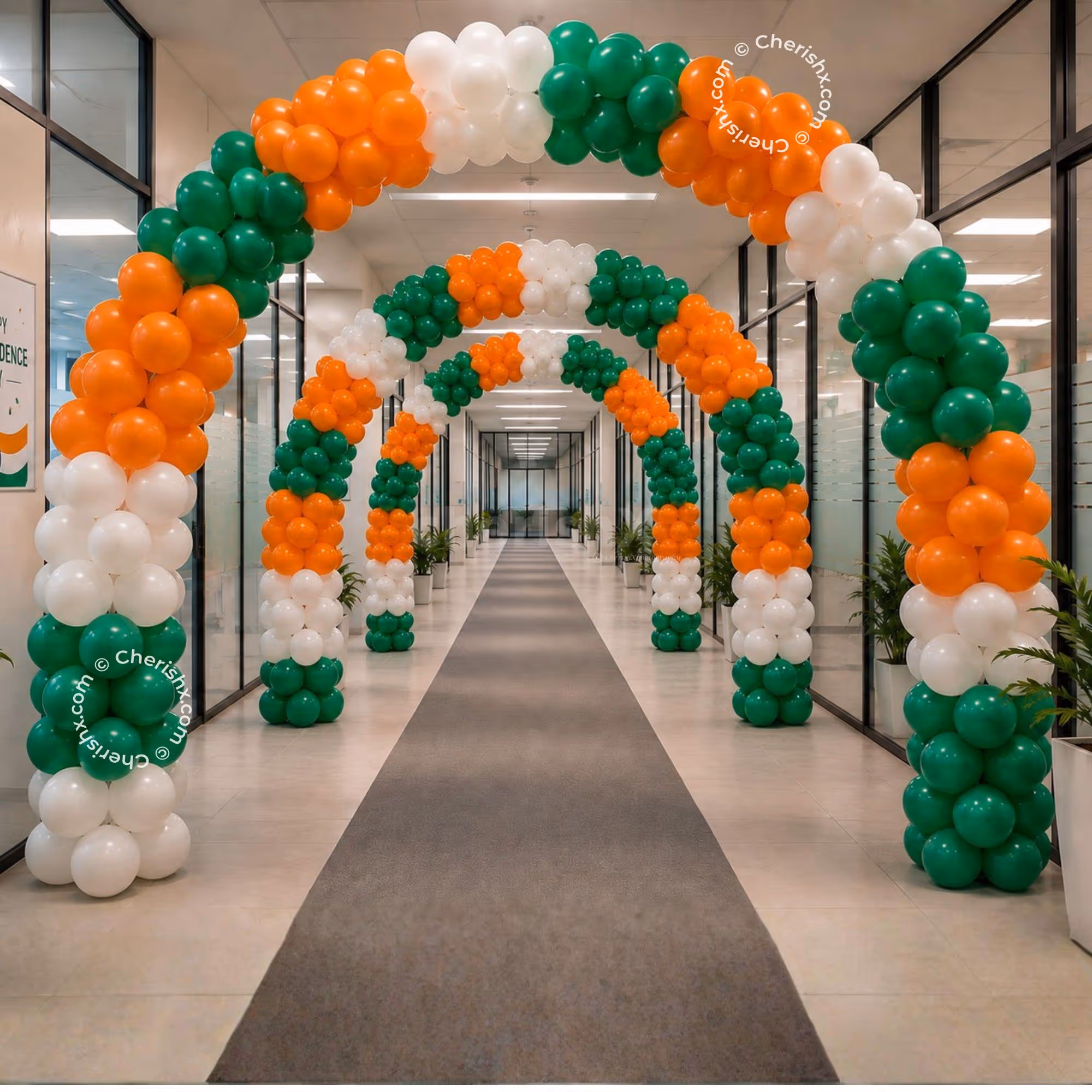 Independence Day Balloons Arch Decoration with saffron, white, and green balloons for office entrance decoration.