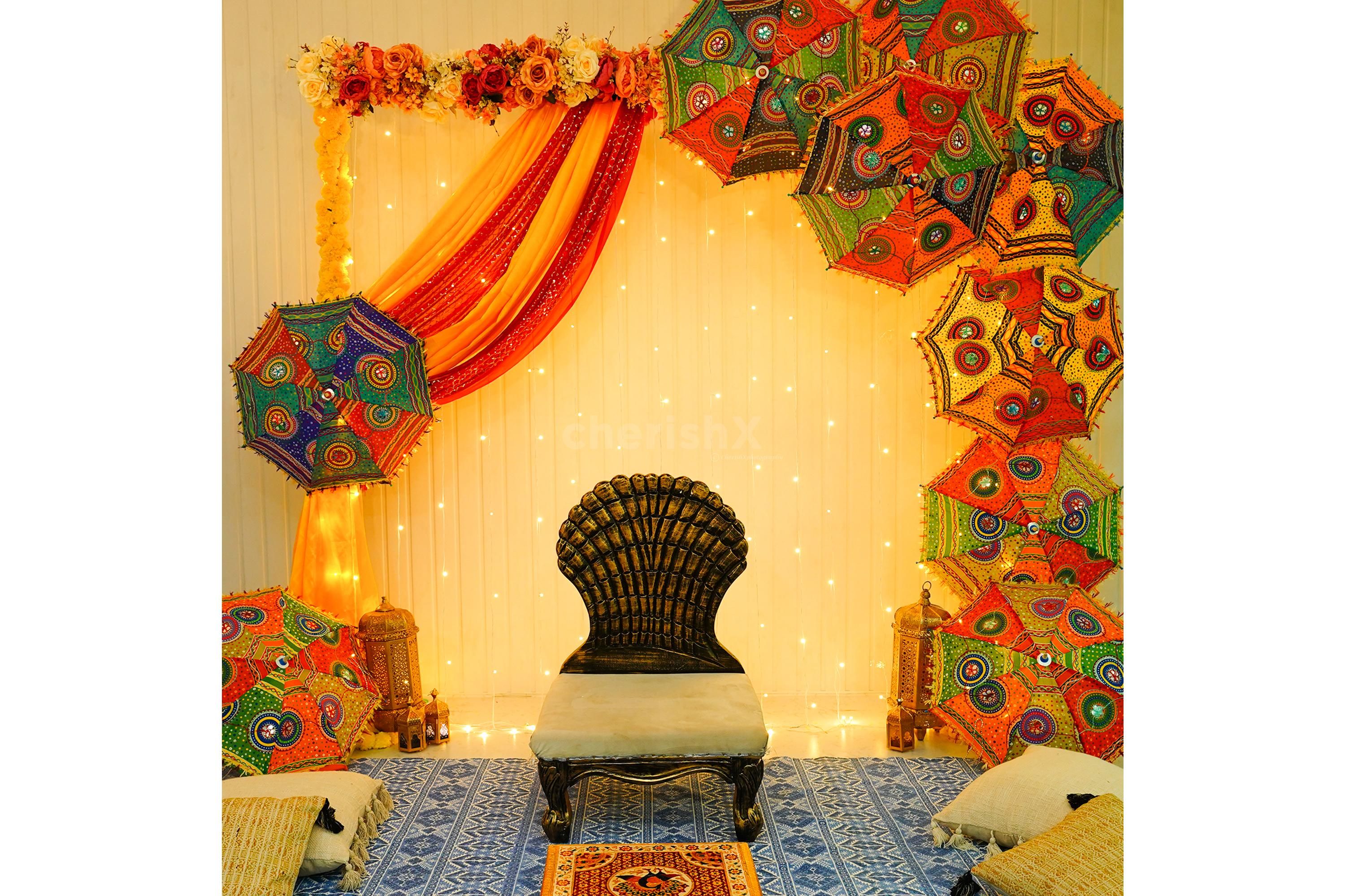 Colorful Umbrella Haldi And Mehndi Decor