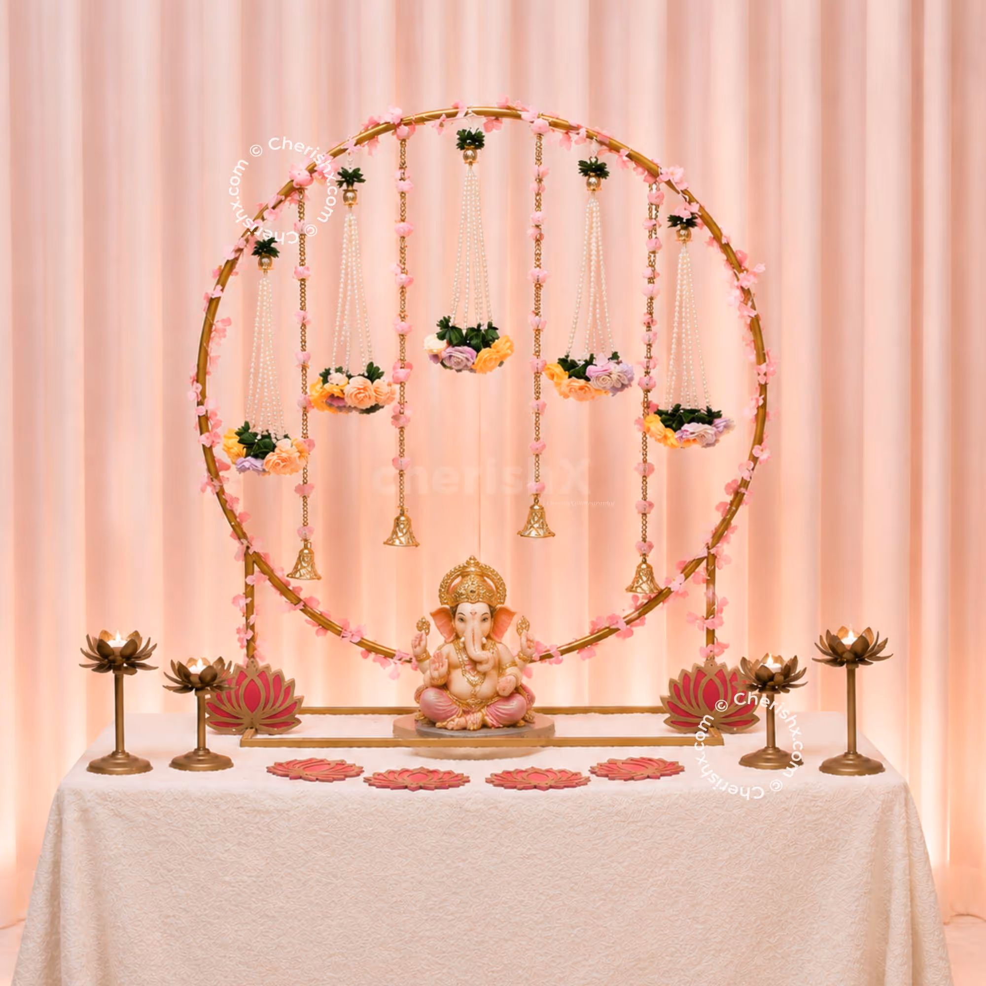 Golden Circular Frame Mini Ring Stand Decoration Kit with Wisteria Vines & Pink Floral Hangings.