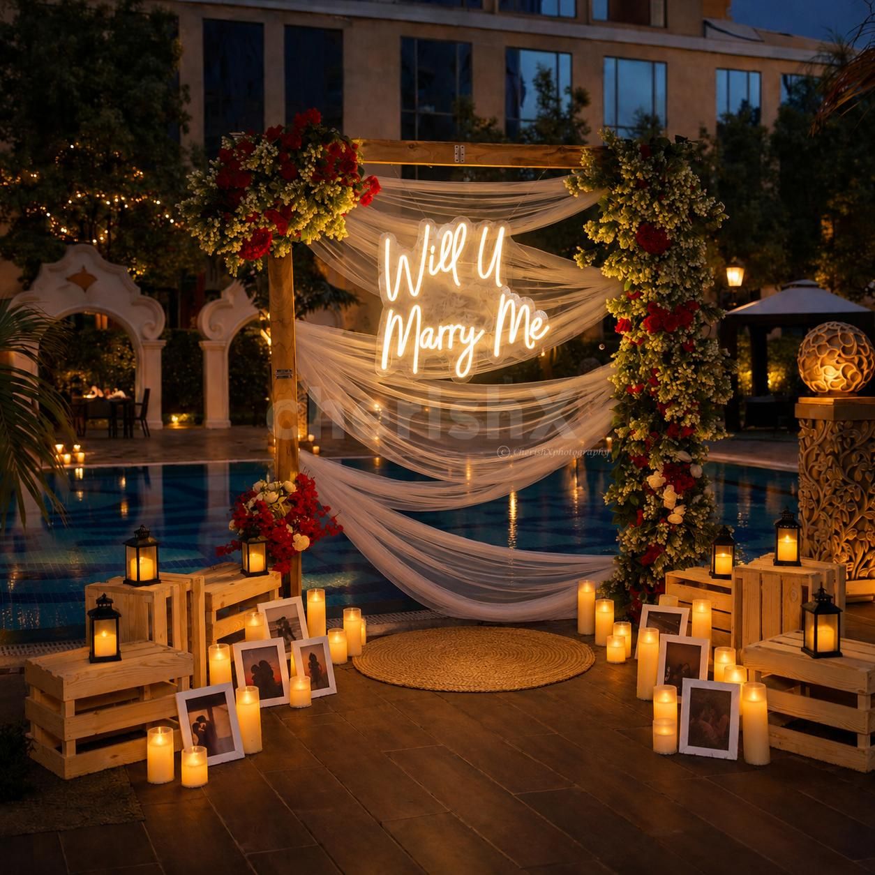 Dreamy Poolside Proposal Setup by Sarovar