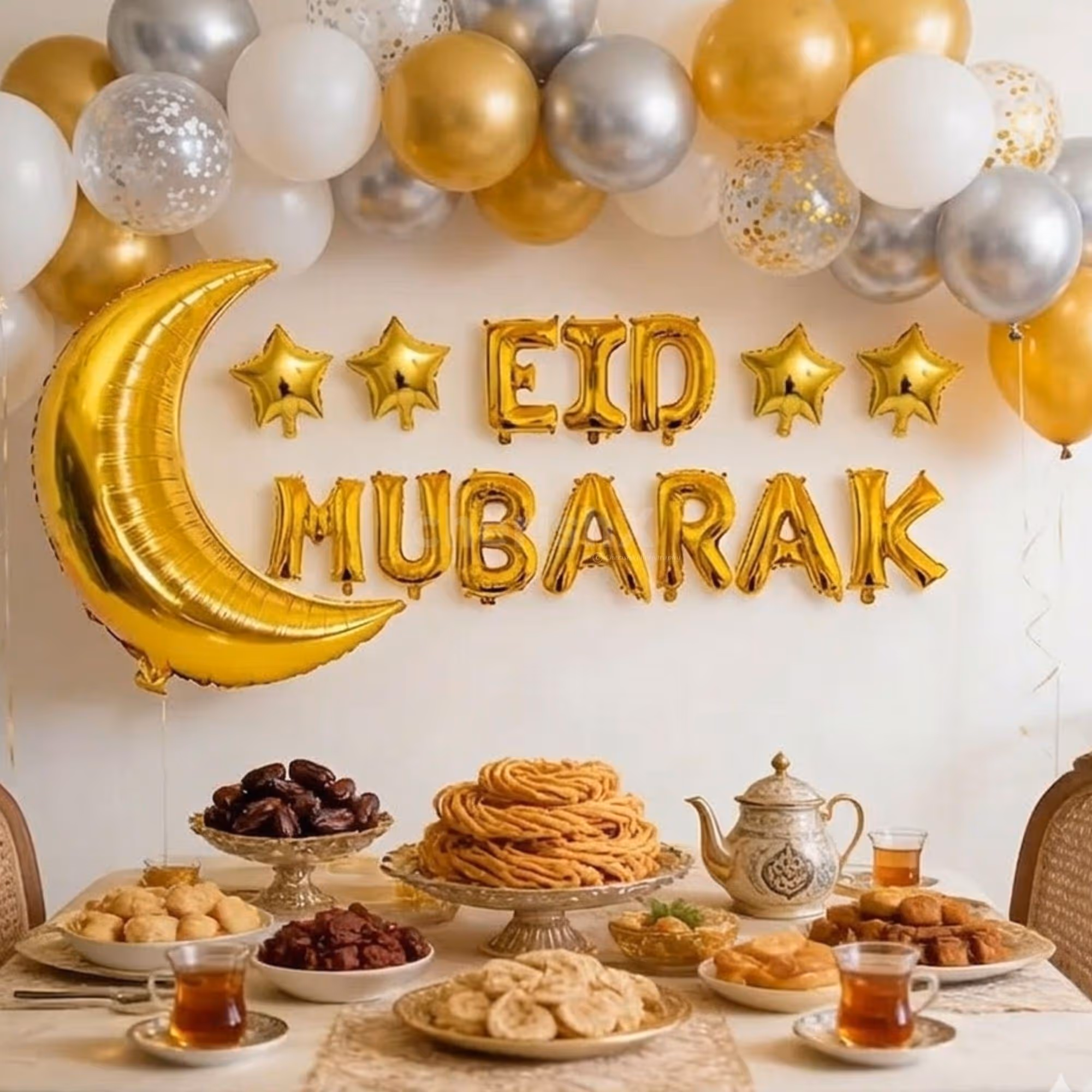 Golden moon and silver foil balloons celebrate the Eid festivity with shimmer and glitter