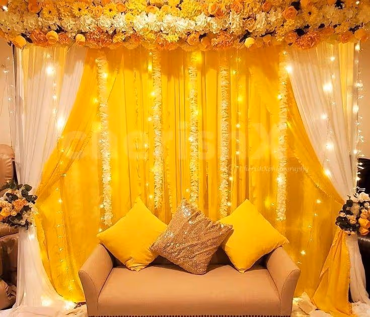 Stunning backdrop decor featuring high-quality artificial flowers and charming hanging props.