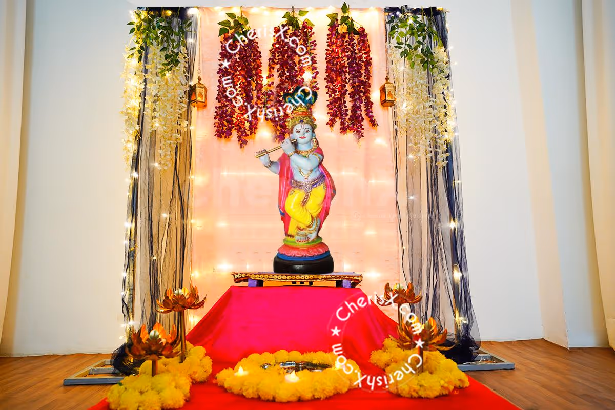 Elegant Blush Pink Floral Janmashtami Decor