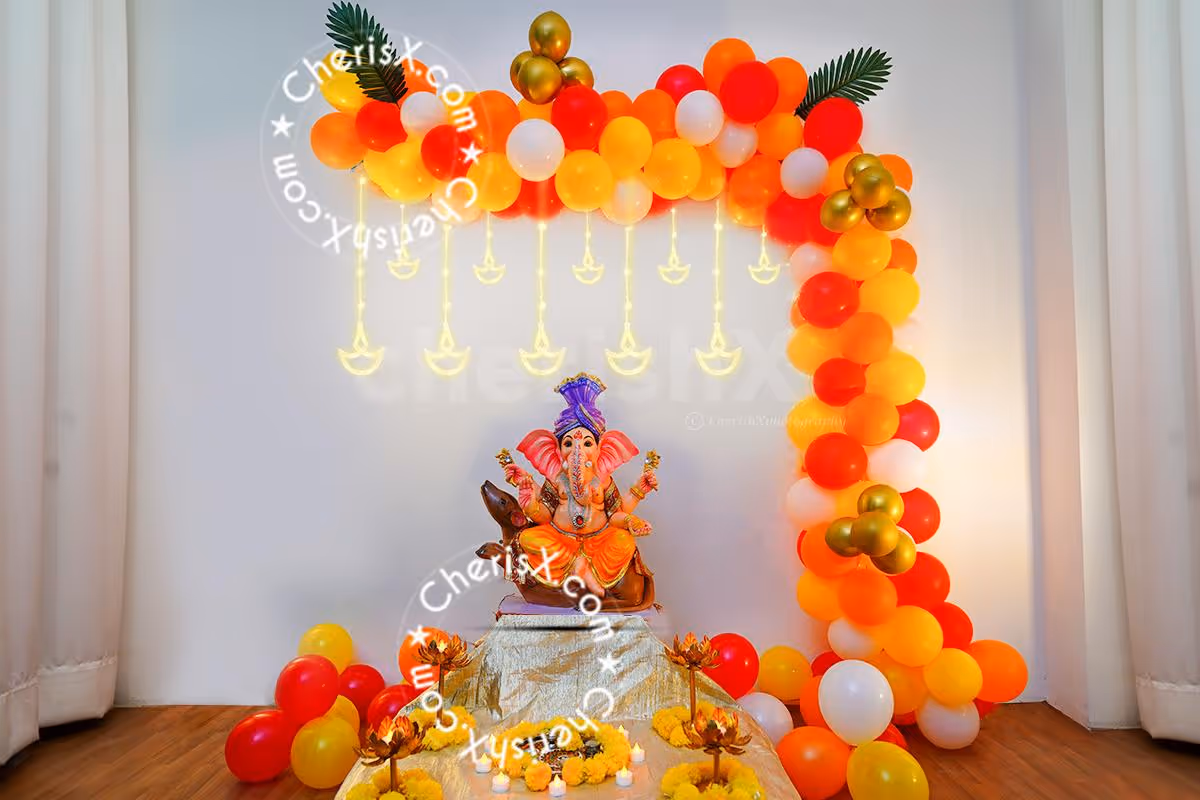 Festive Decoration for Ganesh Chaturthi with Balloons & LED Lights