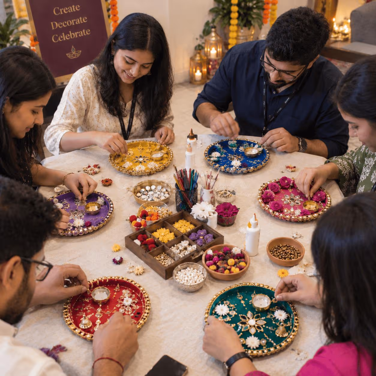 Kids and adults decorating colourful thalis using flowers, beads, And Decorative Materials For Festive Thali Decoration.