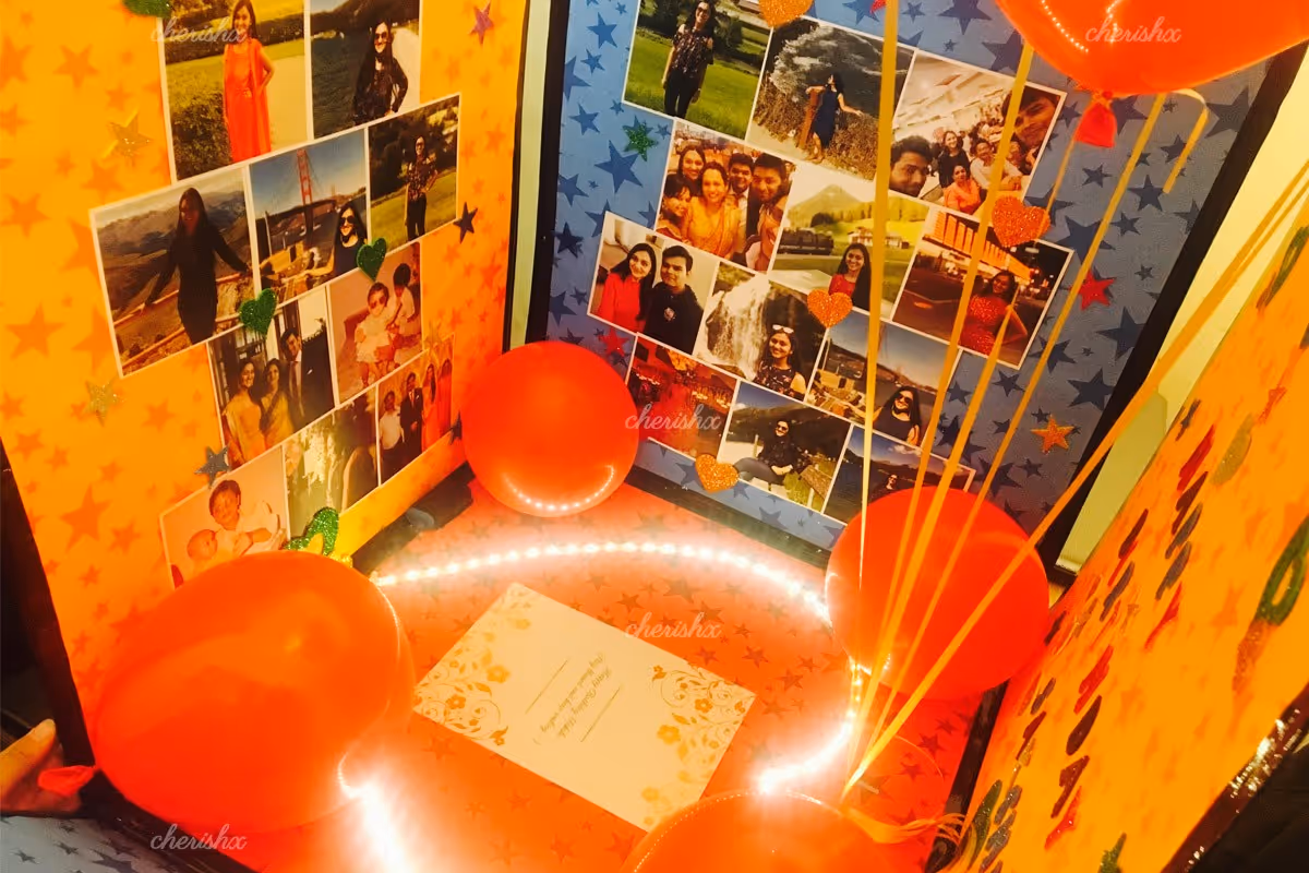 A box, full of your loving pictures and balloons for a perfect surprise.