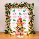 A 6x6ft flex backdrop stand with oversized lotus flowers and lush green leaves