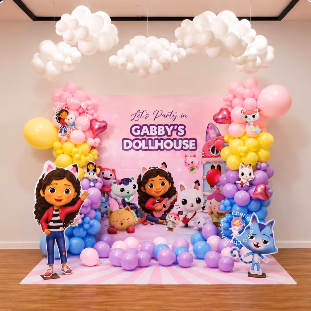 Full Party Setup Featuring Character Standees, Colourful Balloon Columns, And Hanging Cloud Decorations.