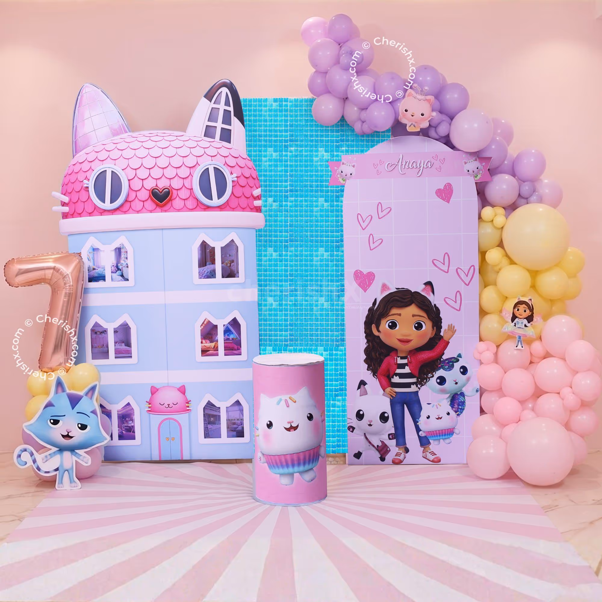 Gabby’s Dollhouse Party Dollhouse Cutout Large With Pastel Balloon Arch & Character Themed Decor.