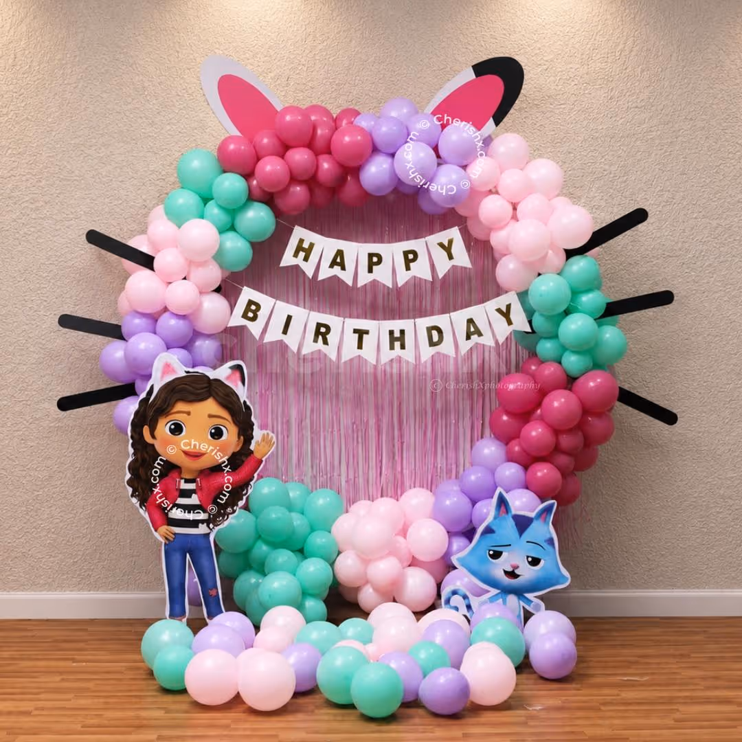 Clusters Of Pink, Mint Green, Purple And Rose Balloons Decorate A Circular Party Frame.