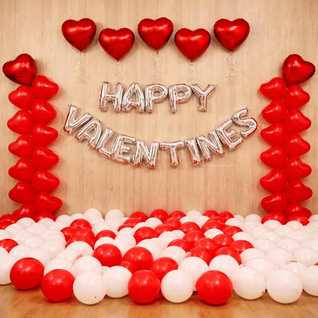 Happy valentines love decor backdrop with red and white balloons