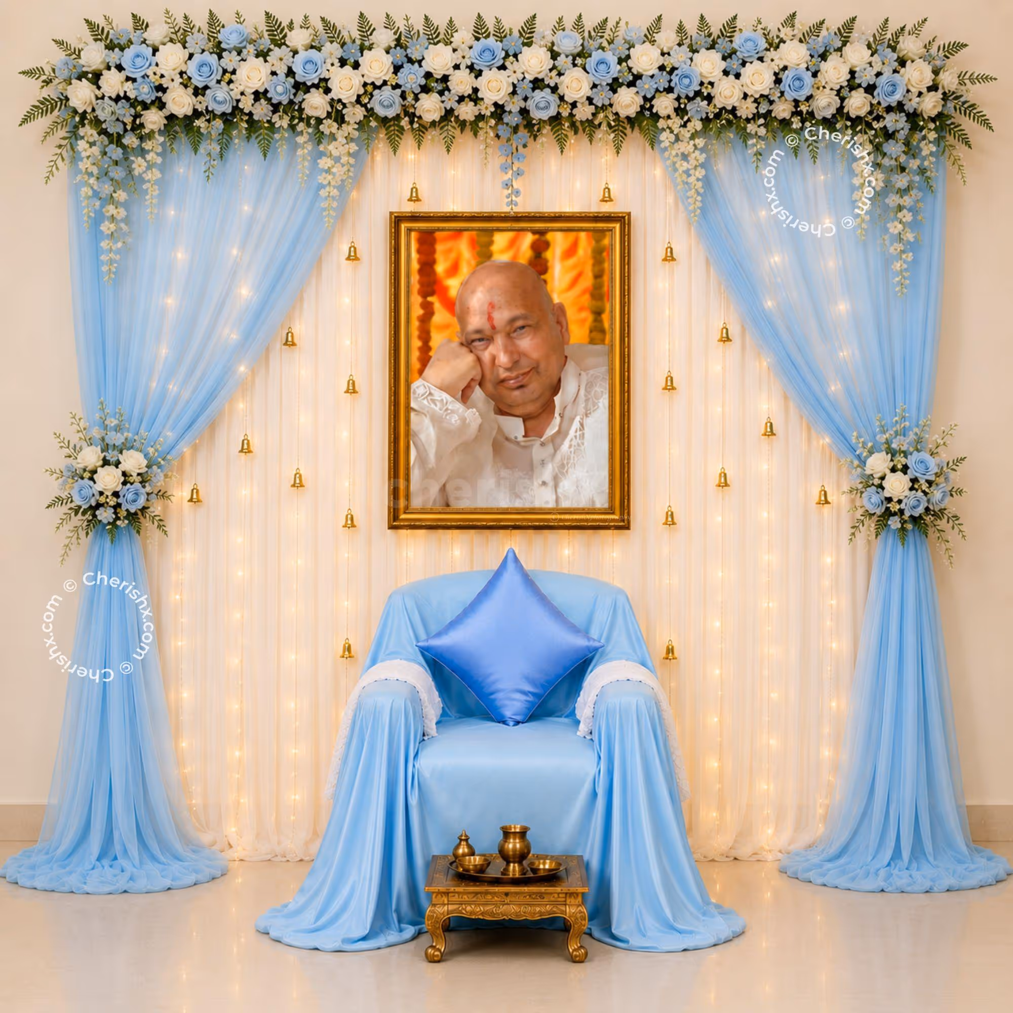 There Is A Calm, Contemplative Scene With White And Blue Flowers Cascading From Blue Satin Drapes.