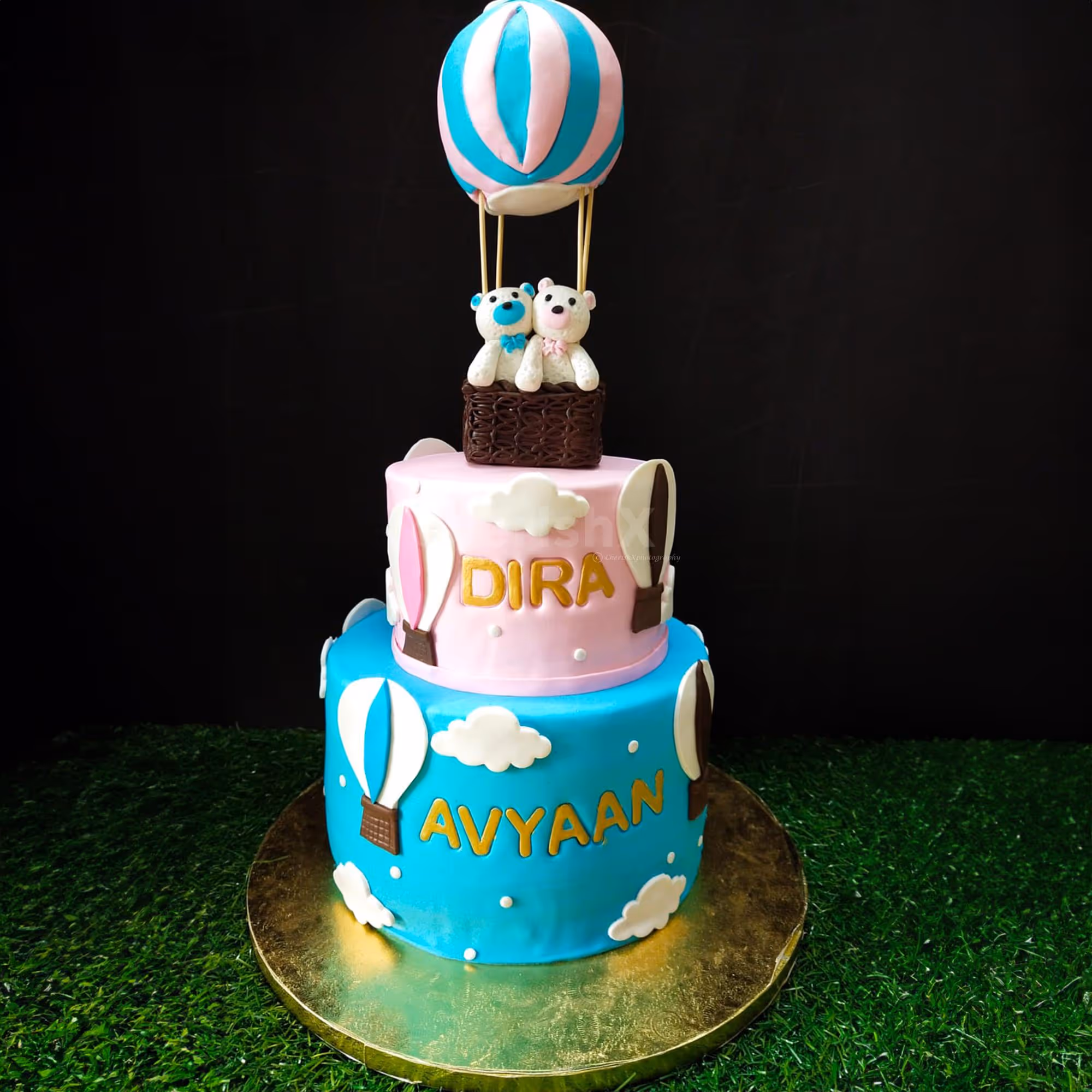 Hot Air Balloon Theme Two-Tier Fondant Cake for Welcoming Twins