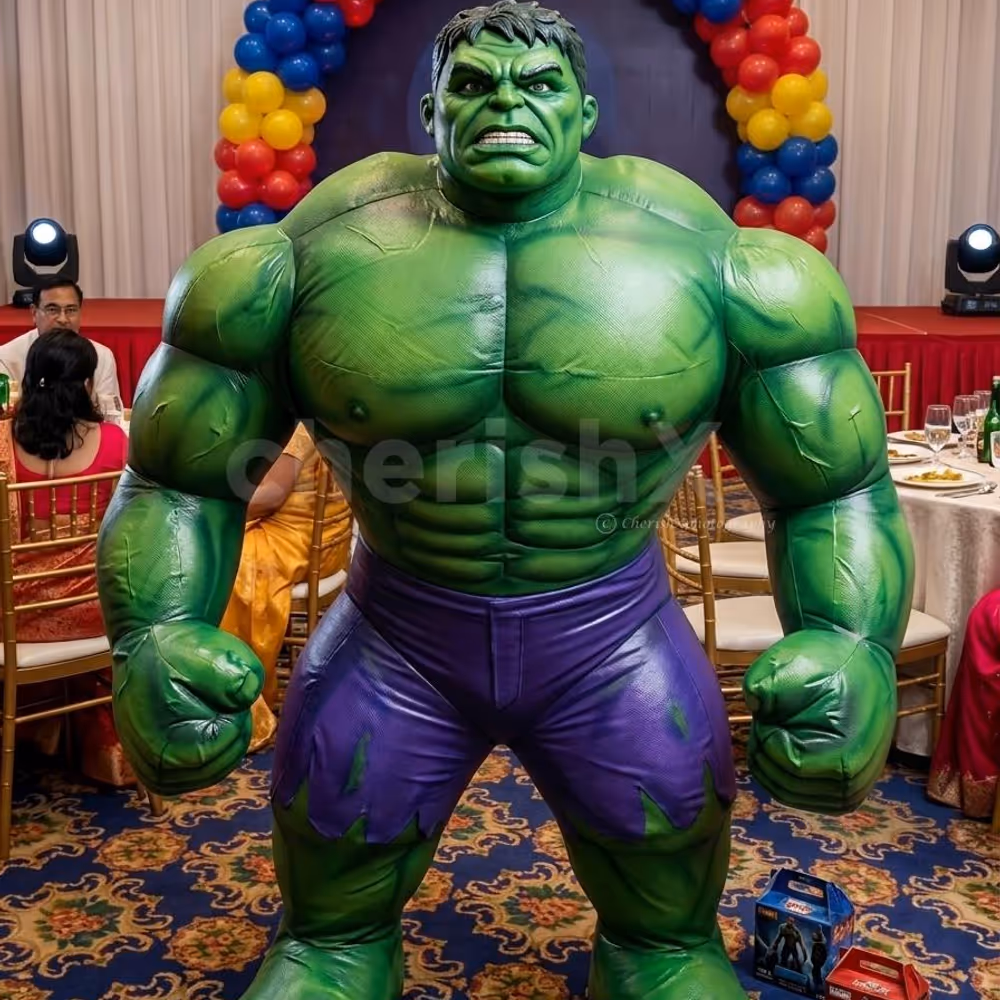 Live Hulk mascot entertaining children at a birthday party with fun interactions, superhero poses, and memorable photo opportunities.