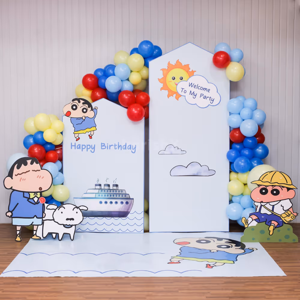 A colorful, charming Shinchan birthday backdrop.