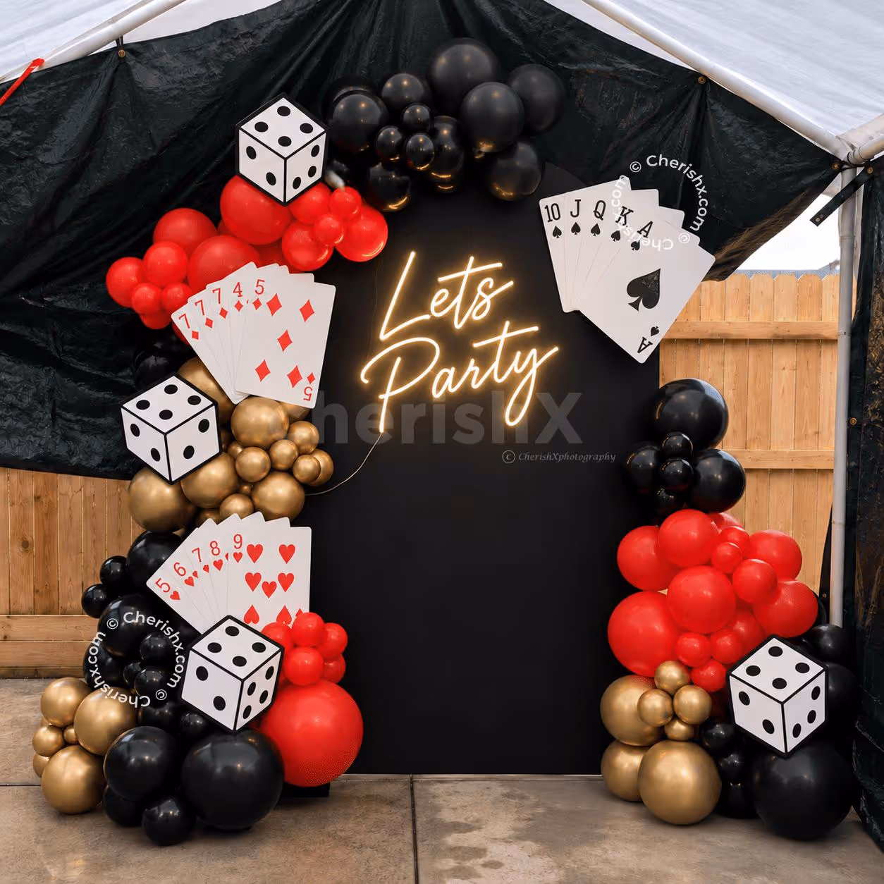 Casino Backdrop with Playing Cards and Dice Props