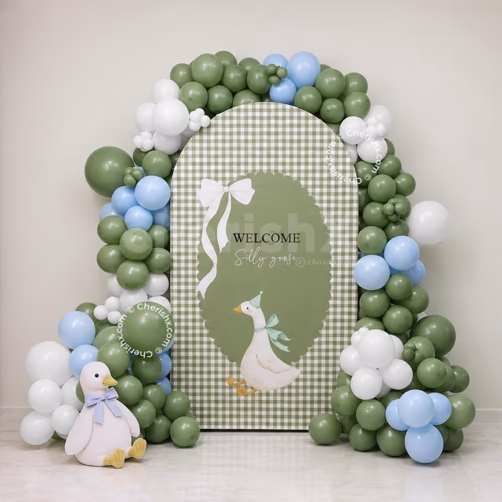 Welcome to baby decoration with pastel green, blue and white balloon arch backdrop at Little Goose.
