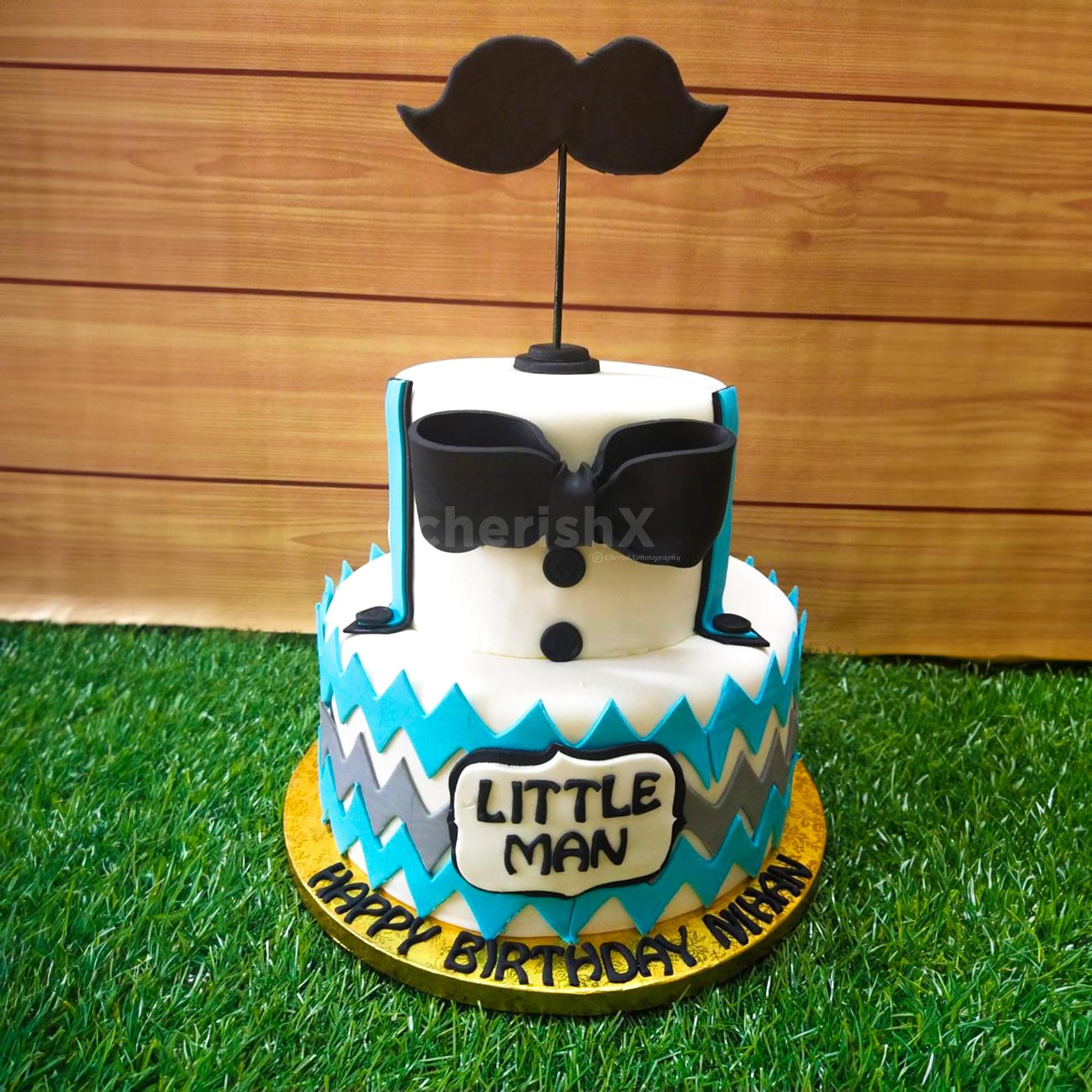 The perfect blend of white, blue, and black fondant makes this cake a visual delight that your little one will cherish.